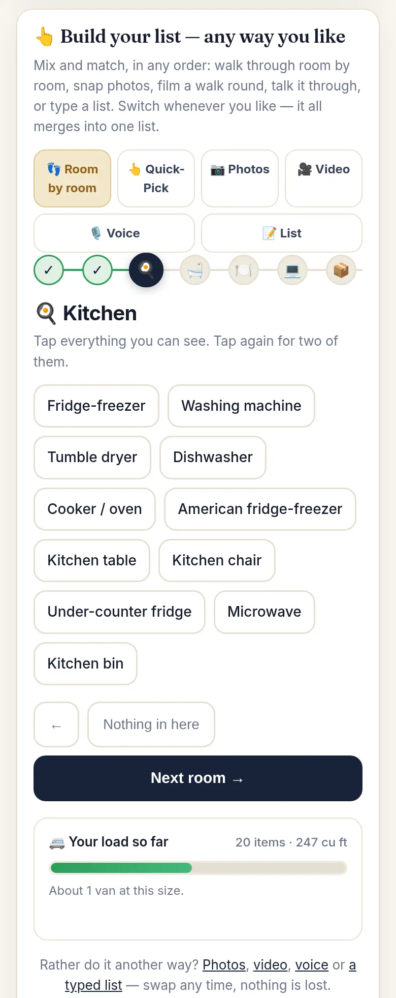 The customer quote page: build your list room by room, or with photos, video, voice or a typed list