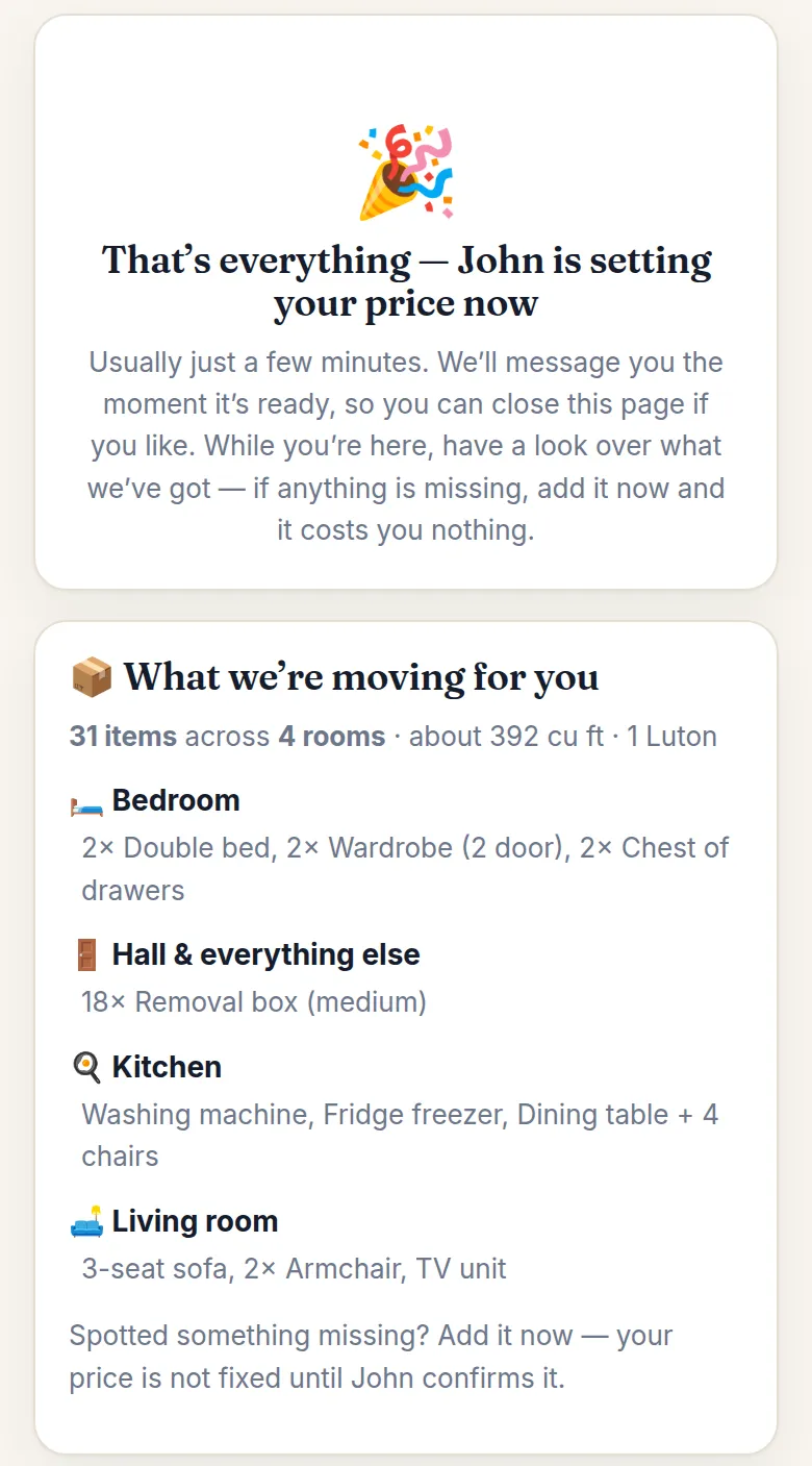 Quote page showing the full inventory by room while John sets the price